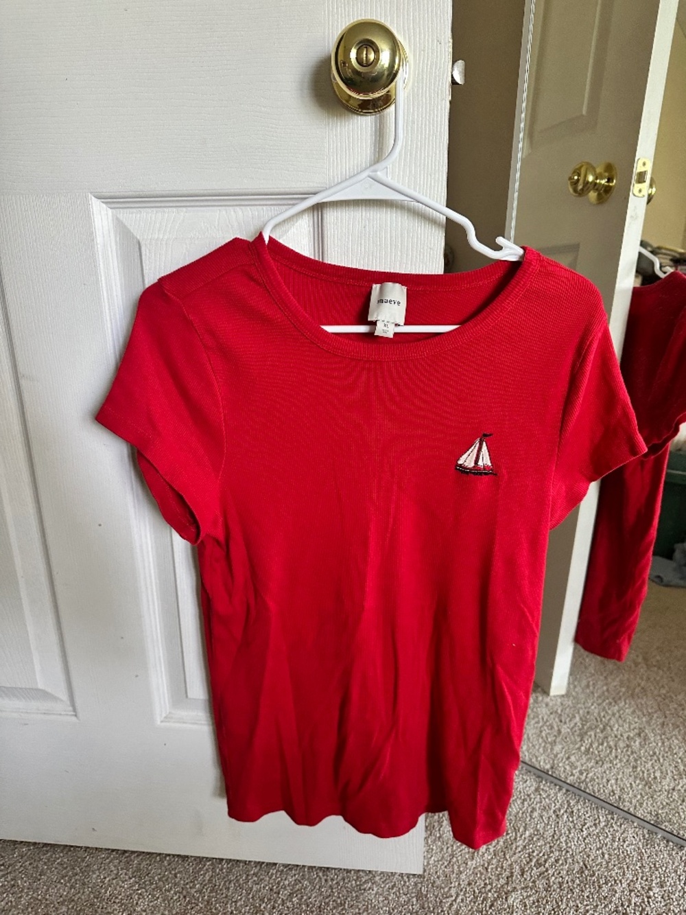 Maeve Anthropologie Red Ribbed Embroidered Sailboat Baby Tee